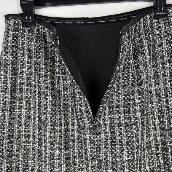 6 Calvin Klein Pencil Skirt Tweed Sequin Above Knee Mini Lined Faux Leather Zip - Picture 6 of 12